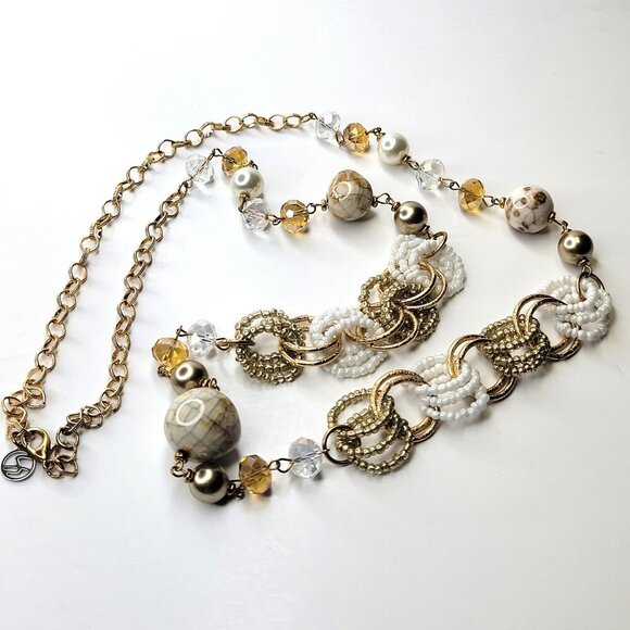 Gold Beads and White Pearls Long Necklace - Picture 1 of 16
